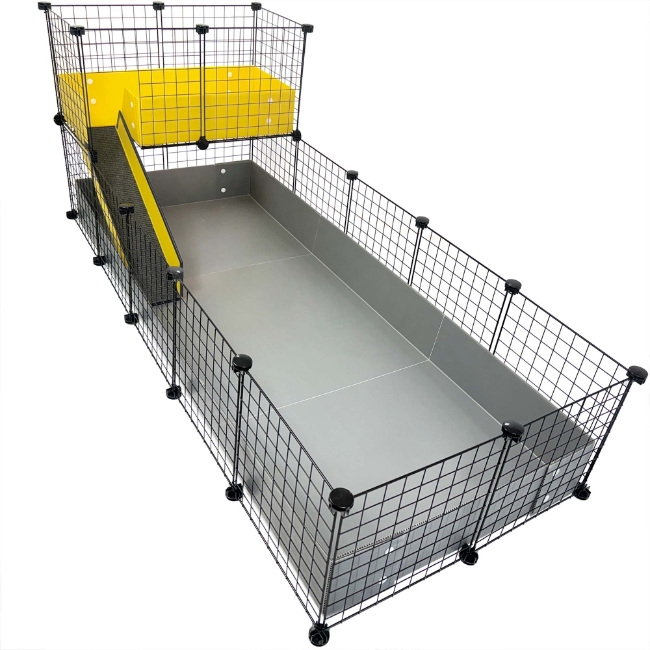 XL 2x5 Grid C&C Guinea Pig Cage Habitat by Cagetopia in Gray Base and Lemon Yellow Narrow Loft