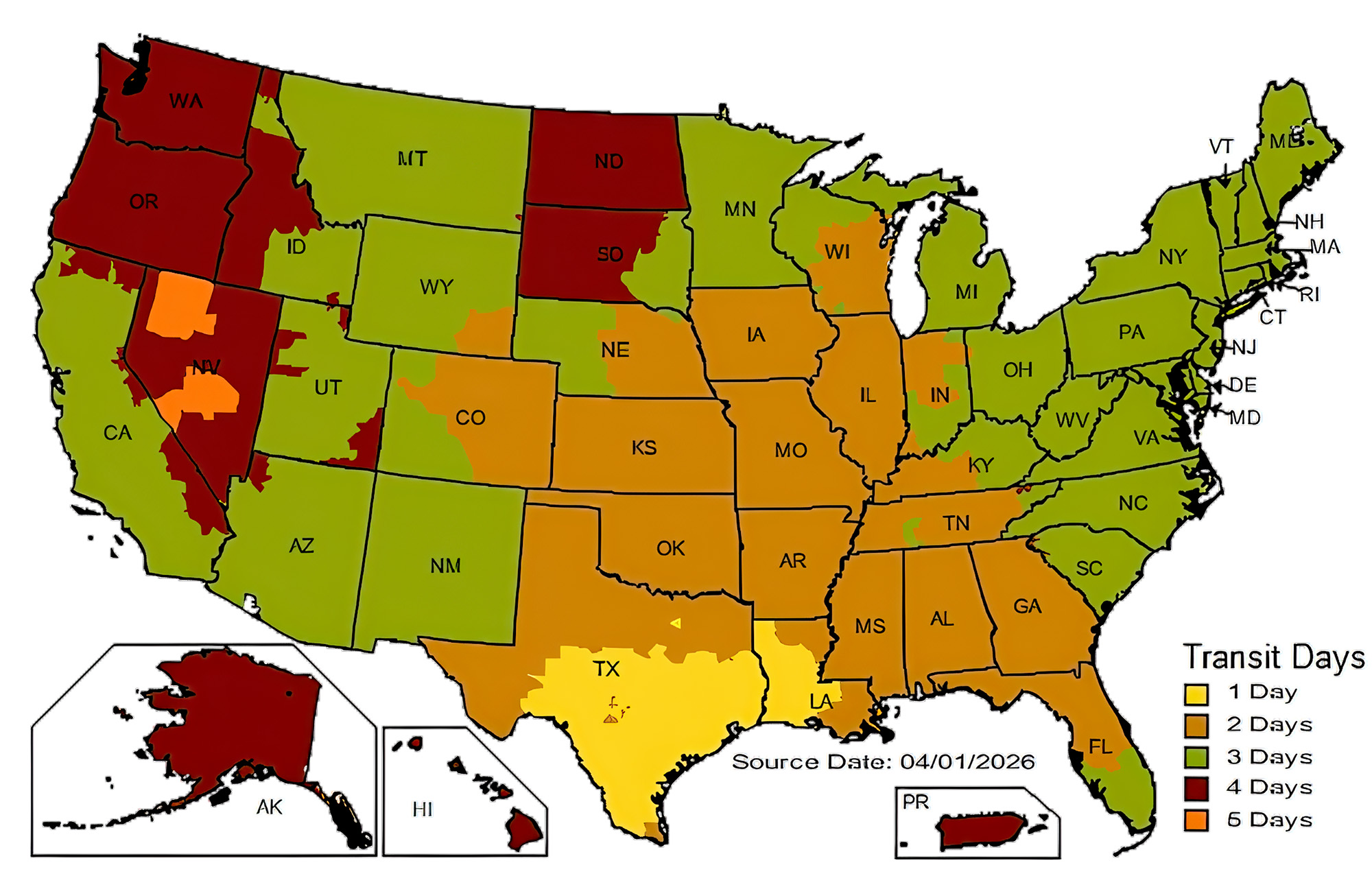 UPS Estimated Delivery Days from Spring, Texas